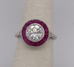 Bezel Set Old European Cut & Pink Baguette Engagement Ring, Edwardian Halo Ring