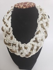 Vtg 1980-90s Statement White Beads/ Gold Metal Bib Braided Neclace Chunky Boho