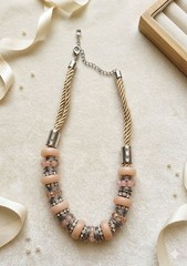 Vintage Gold Rope Peach Bead Statement Necklace Rhinestone Chunky Jewelry Gift