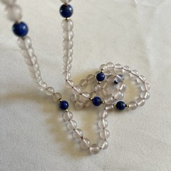 Vintage Frosted Rose Quartz Lapis Lazuli 27″ Beaded Necklace Gold Accent Spacers