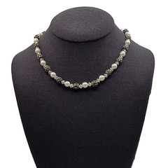 Artisan Made Faux Pearl Crystal Ornate Metal Bead Vintage Necklace 16 Inch
