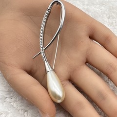 Vintage Faux Pearl Teardrop Swirl Brooch Rhinestones Silver Tone LARGE 3.5″