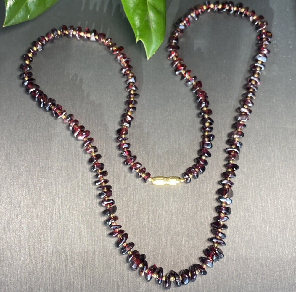 Genuine Almandine Garnet Free-Form Bead Necklace Bronze Bead Spacers Screw Clasp