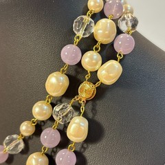 Pearl Necklace Gold Tone Purple Maximalist Multi Strand Regency Core