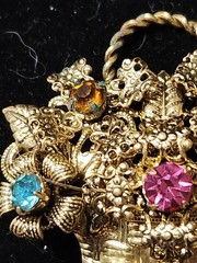 Vintage Czech Brass Toned Floral Basket Brooch Multi-Colored Rhinestones Glass