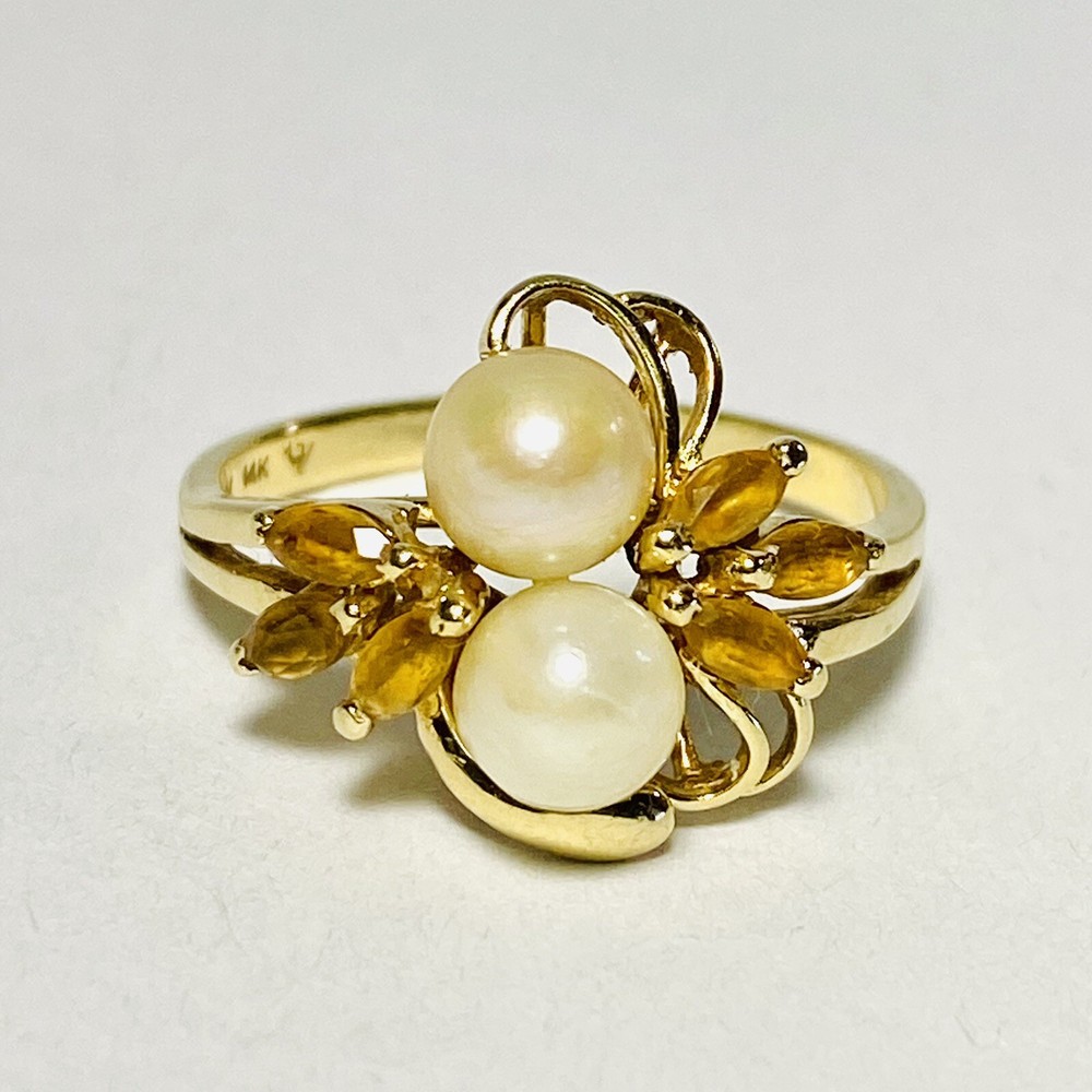 Vintage 14K Yellow Gold Twin 5.5mm Pearl 0.60ctw Citrine Size 8.25 Ring 4.3g