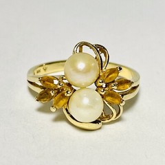 Vintage 14K Yellow Gold Twin 5.5mm Pearl 0.60ctw Citrine Size 8.25 Ring 4.3g