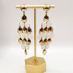 White & Gold Tone Metal Chandelier Cascade Dangle Vintage Earrings Ballroom