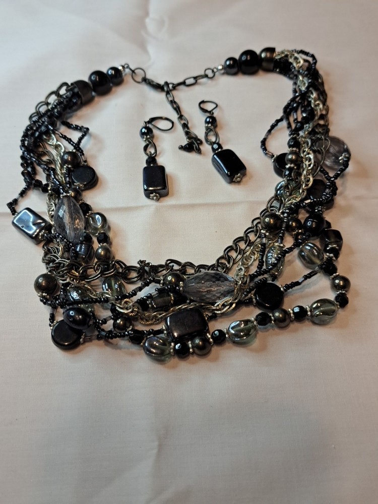 Vtg Multi Strand Chain & Glass Beads Necklace And Earrings Set, Gun Metal Grey