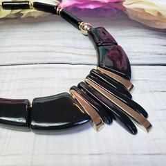 Vintage JAPAN Black Lucite Bead Choker Gold Tone Mid Century Statement Necklace
