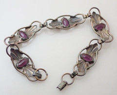 Vintage 12k Gold Filled Sterling Silver Purple Glass Stone Link 7.25″ Bracelet