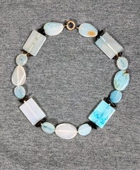 Vintage Aquamarine, Amazonite, & Smoky Quartz Gemstone Glass Chunky Necklace 16″