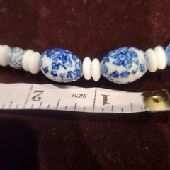 Vintage Blue White Porcelain Ceramic Beaded Necklace Chinoiserie Floral Barrel