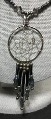 Iridescent indigo dream catcher necklace, artisan, vintage dark glass beads 20″