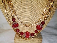 Vintage 1950’s Hong Kong Red Molded Plastic Raspberry Bead Multistrand Necklace