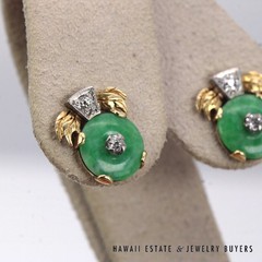 GIA Type A Green Jadeite Jade Donut Diamond 0.25ctw 14K Yellow Gold Earrings