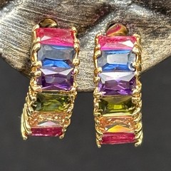 Vintage Gretchen Gray Sterling Silver Rainbow Baguette Huggie J Hoop Earrings