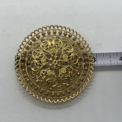Vintage 1960’s Round Reticulated Domed Russian Gold Tone Runway Statement Pin 3″