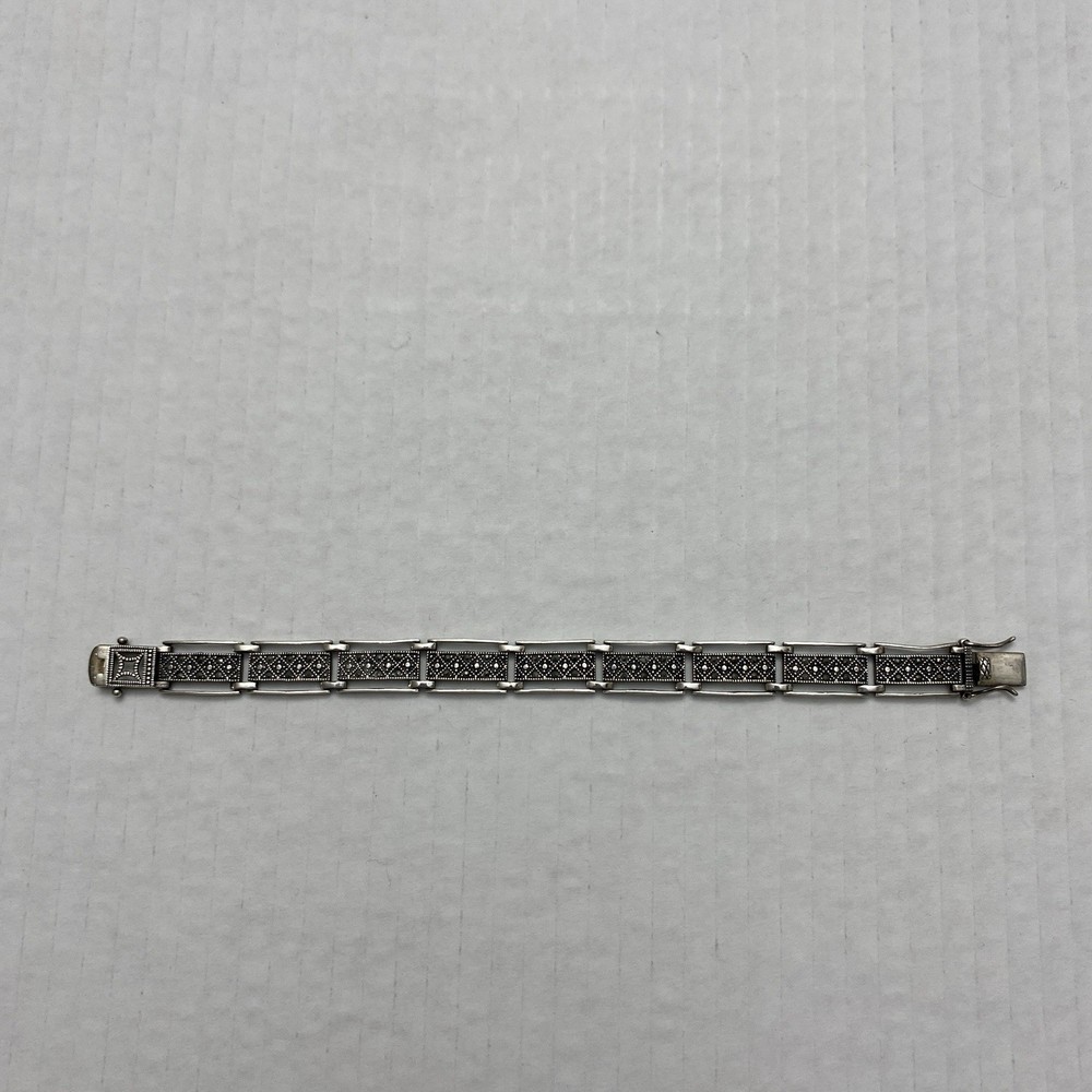 Sterling Silver Marcasite Panel Link Bracelet 925 Vintage 7 7/8 inch 21.5g