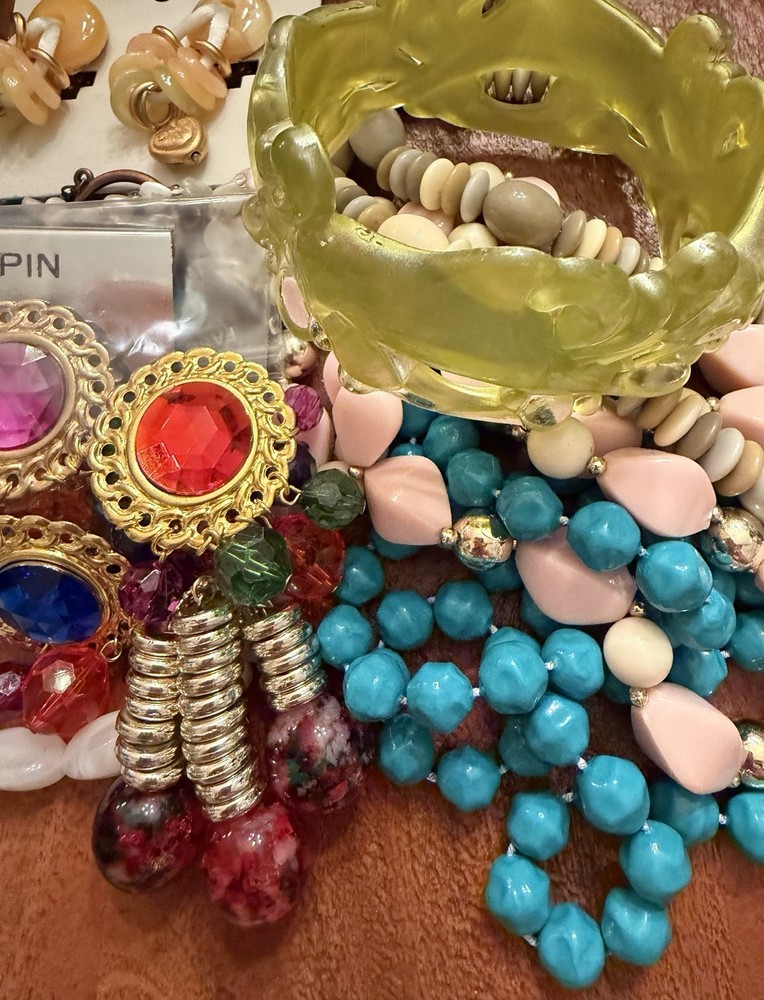 Vintage Plastic Lucite Jewelry Lot Colorful Necklaces Bracelets Brooches Beads