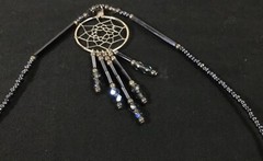 Iridescent indigo dream catcher necklace, artisan, vintage dark glass beads 20″