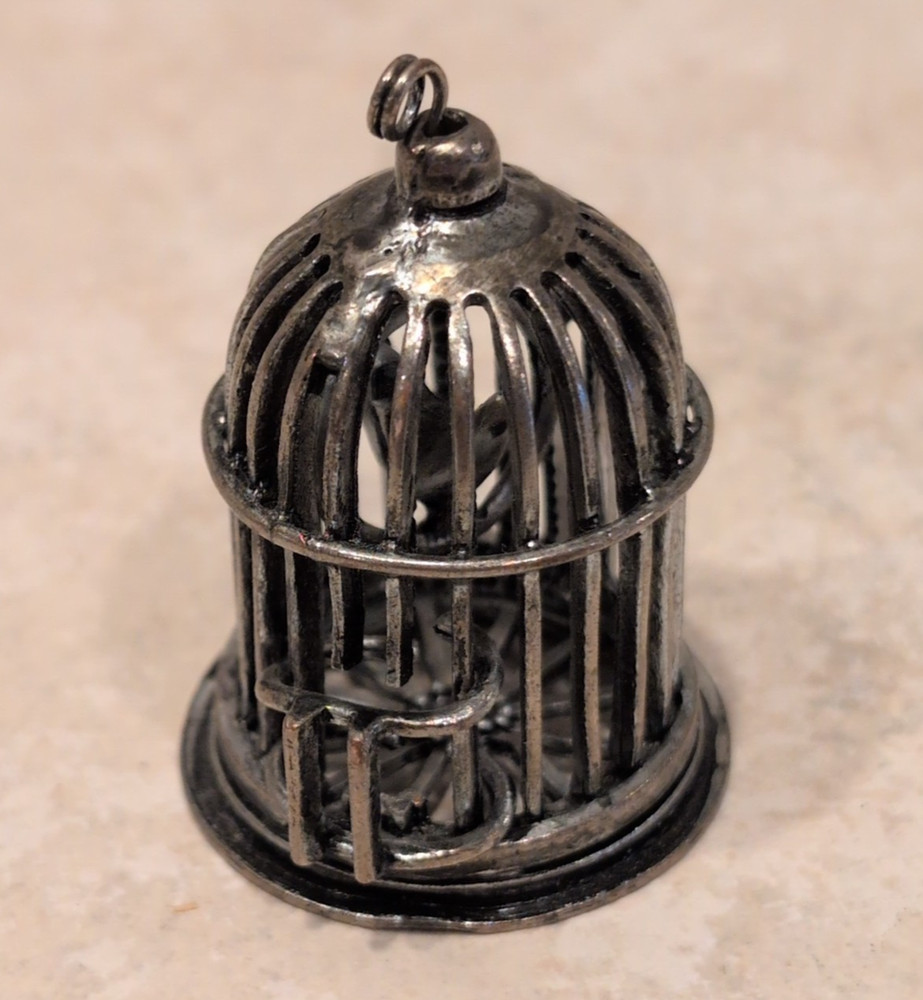 Estate Jewelry Silver Bird Cage Pendant Opening Door Spinning Bird 1.75″ x 1″