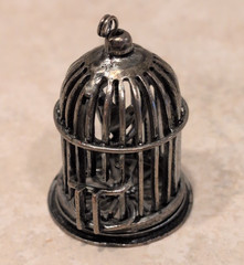 Estate Jewelry Silver Bird Cage Pendant Opening Door Spinning Bird 1.75″ x 1″