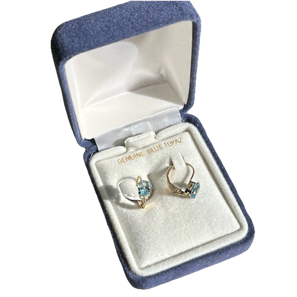 Vintage Oval Blue Topaz 10K Gold Lever Back Earrings USA