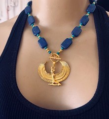 Artisan Necklace Egyptian Revival Goddess Pendant Lapis Gemstone Beads