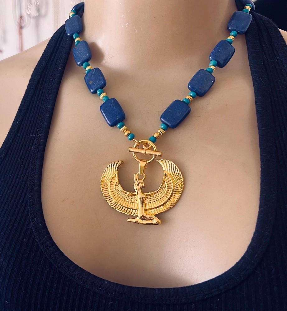 Artisan Necklace Egyptian Revival Goddess Pendant Lapis Gemstone Beads