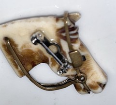 Vintage Horse Head Equestrian Pendant Carved Mother Of Pearl/Ivory/Elk Ant Brass