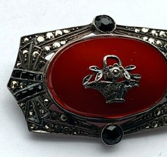 Art Deco Sterling Silver Carnelian Marcasite Brooch | 12 grams