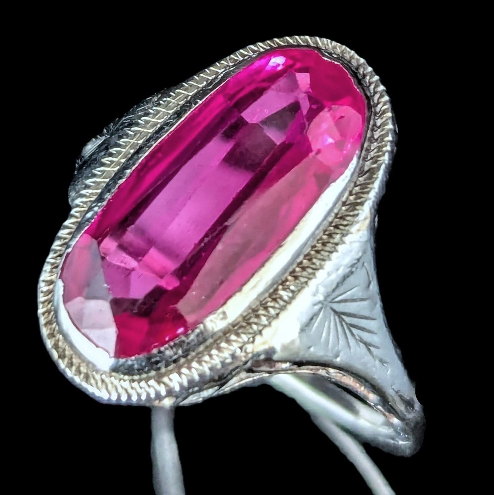 1920s Art Deco Era Lab Created Ruby White Gold Filigree Dinner Ring Antique Gift