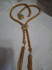Vintage Ornate Gold Lariat Twisted Necklace With Turquoise Station & Clasp
