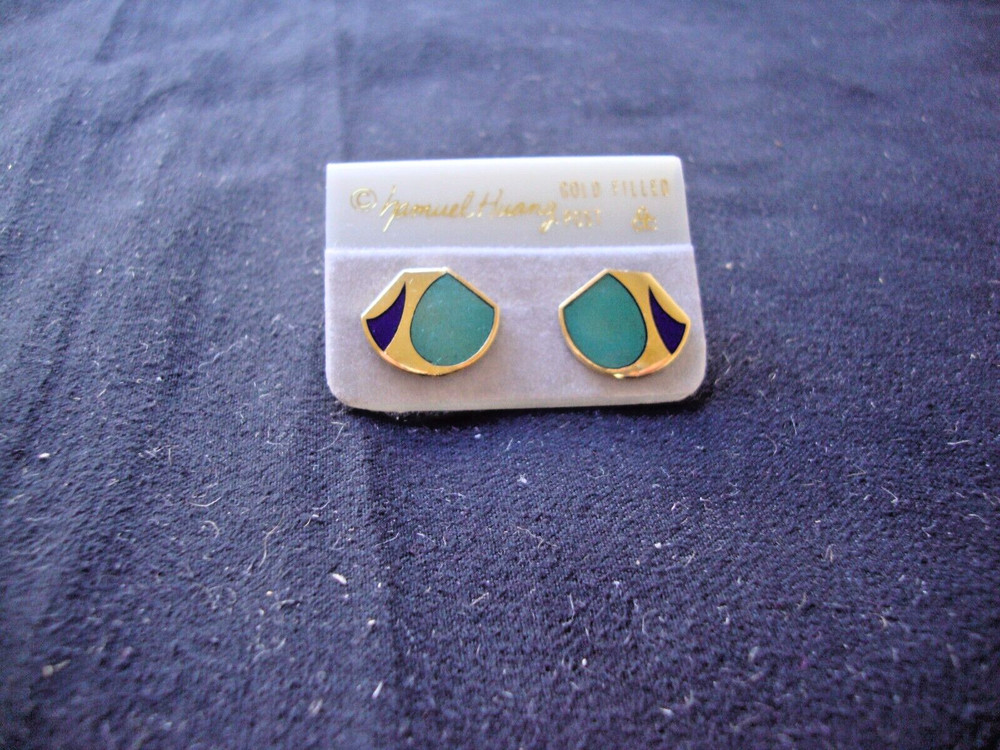 VINTAGE SAMUEL HUANG DESIGNER CLOISONNE RETRO MOD AQUA & COBALT STUD EARRINGS