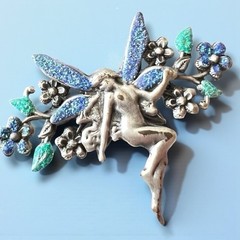 Fairy Core Brooch Silver Tone Blue Flowers Pixie Pin Vintage
