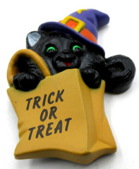VTG SIGNED RUSS Halloween BLACK CAT purpl moon HAT TRICK OR TREAT BAG Pin brooch