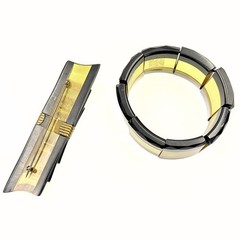 Antique Art Deco Black & Yellow Bakelite Prystal Stretch Bracelet Bow Brooch Set