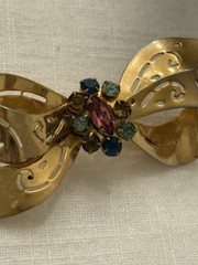 Vintage Coro Signed Script Bow Brooch Pin Gold Tone 1940s 1950s Rhinestone 2.25”