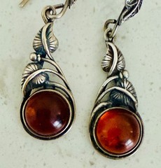 Vintage Sterling Silver Cognac Amber Cabochon Drop Earrings | Ornate Leaf Vine D