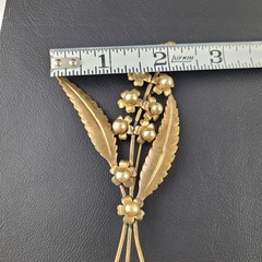 Vintage Floral Spray Gold Tone Metal With Faux Pearl Aged Patina READ