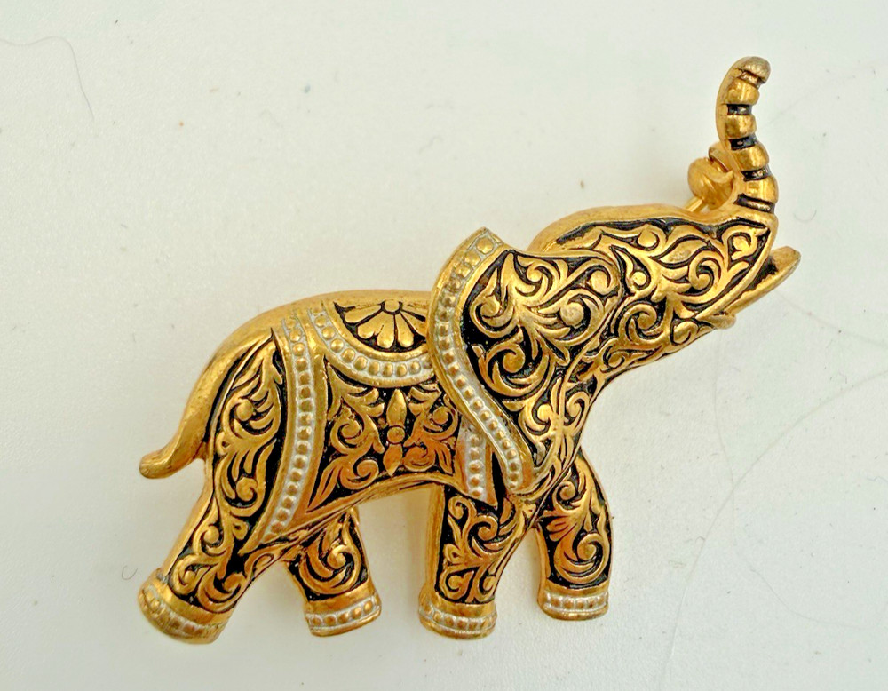 Vtg Damascene Elephant Brooch Pin Gold-Colored Spain Pre-Owned Very Good Conditi
