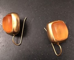NJD N J D Signed Brushed Gold & Set Orange Glass Pierced Earrings Vintage