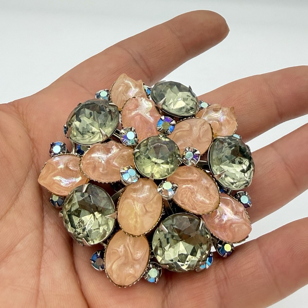 Vintage Pink Brooch Pin Smoky Gray Green Large Riveted Estate Large