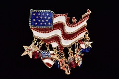 Patriotic American Flag Rhinestone Dangle Brooch Red White Blue USA Pin Bin7