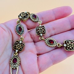 Vintage Victorian Revival Bracelet Red Rhinestone Gold Tone Faux Seed Pearl 6.2″