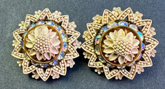 Vintage Cream Color Celluloid Intricate Flower Crystal Rhinestone Clip Earrings