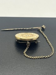 Victorian antique gold tone round brooch pin chain etched enamel flower design
