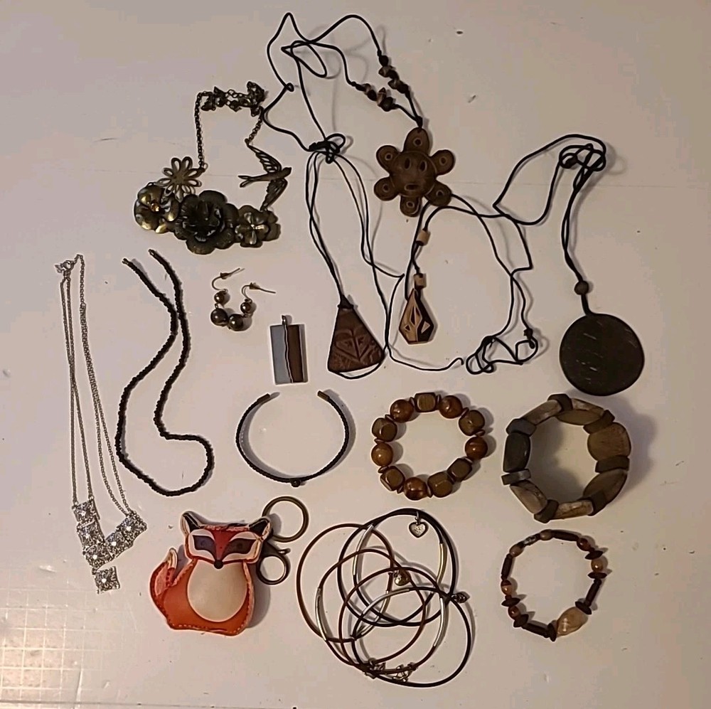 Vintage 70s Style Wood & Leather Jewelry Lot Bangles Earrings Necklace Hippie…