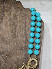 Double Strand Chunky Turquoise Color Blue Bead Necklace Gold Tone Dragon Pendant